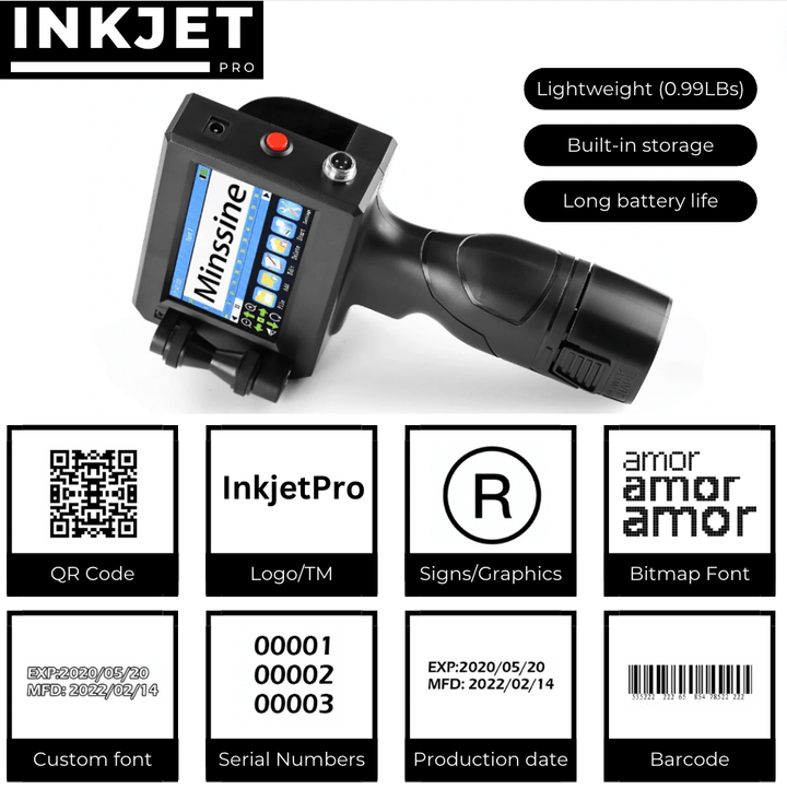 InkJet Pro Printer showcasing QR code, logo, and various printing capabilities.
